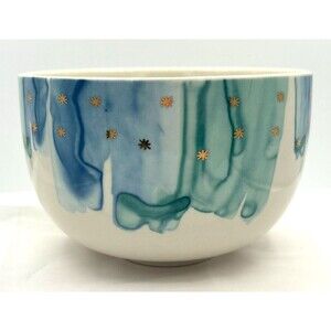 Anthropologie Night Sky Bowl Stoneware Blue Teal Drip Watercolor Wash Gold‎ Star